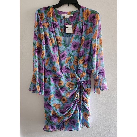 Veronica Beard Silk Floral Ruched Sean Dress Lake Blue Multi Bell Sleeve Flounce - Picture 2 of 10